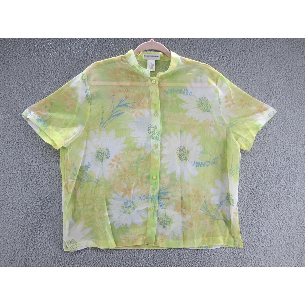 Drapers and Damons Shirt Womens PXL Short Sleeve Blouse Green Floral 90s Y2K